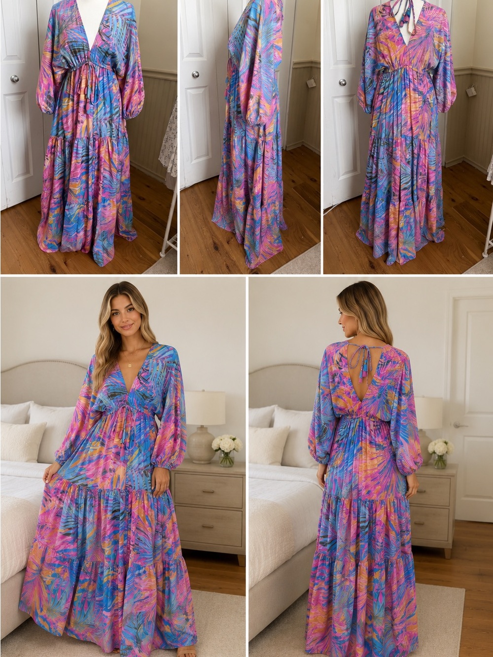 Juodkrante Boutique Maxi Dress Pink Blue Tropical Print Balloon Sleeve Boho